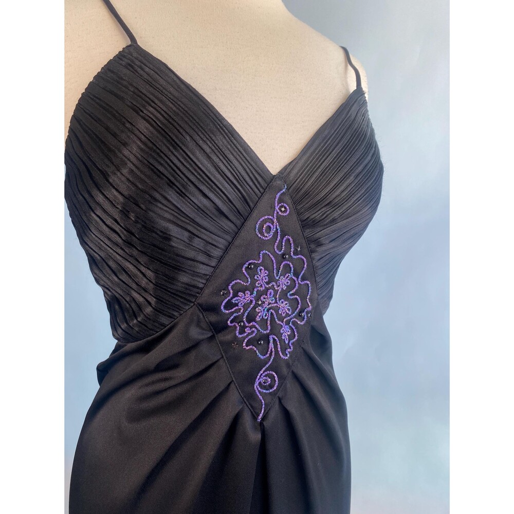 Vintage Black Satin Dress: Purple Soutache, Ruched Medallion, Old Hollywood Glam